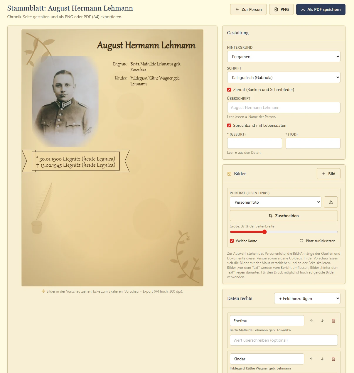 Personenstammblatt: links die Vorschau der Chronik-Seite, rechts Hintergrund, Zierschrift, Bilder und die Auswahl der Angaben